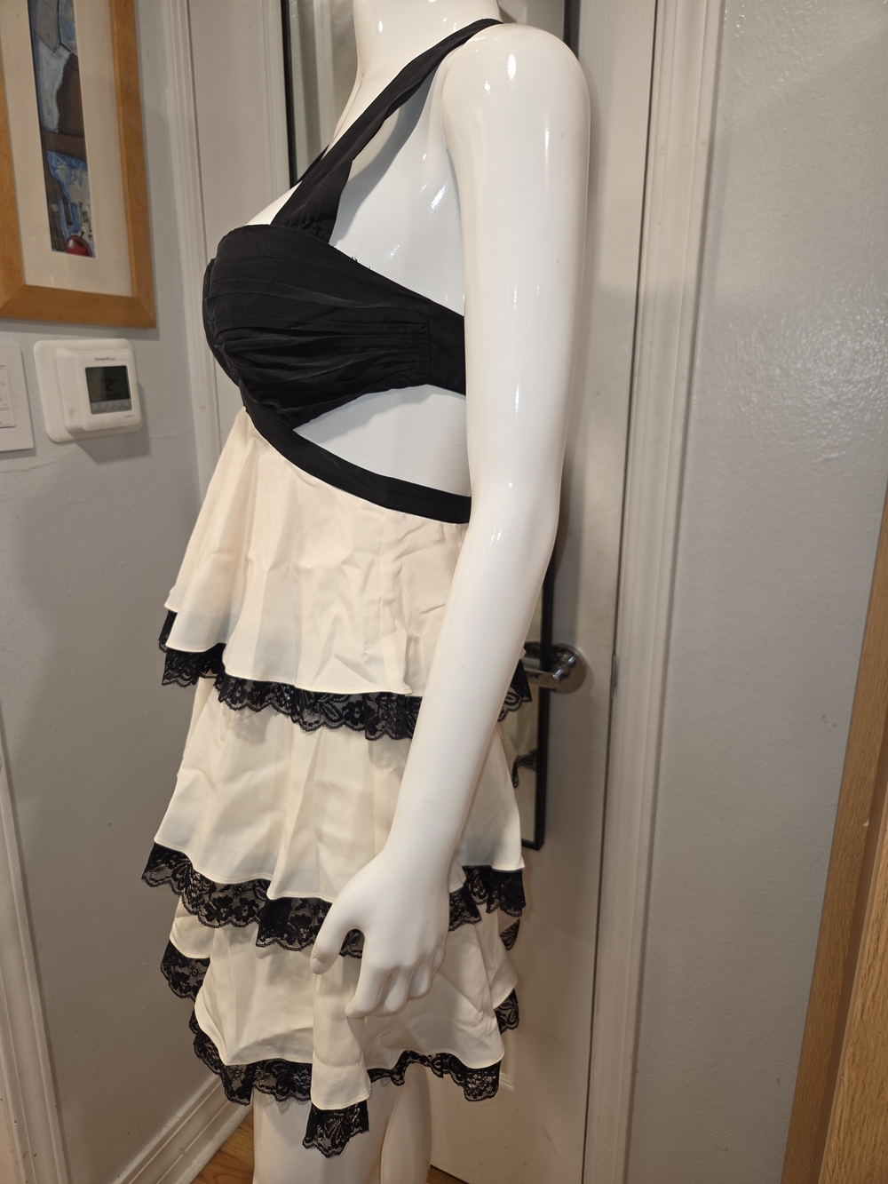 Bebe Black and Cream Tiered Lace Halter Dress - Picture 2 of 12